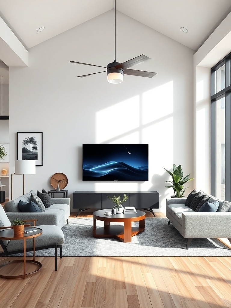 A luxurious living room featuring smart home integration with a large TV, modern furniture, and ample natural light.
