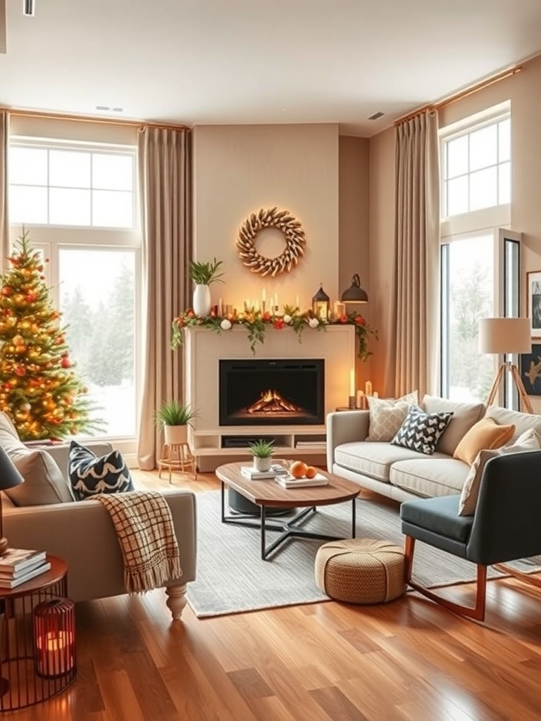 A cozy living room with smart home features, including a fireplace, stylish furniture, and festive decorations.