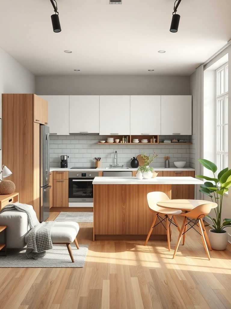 Modern kitchen with wooden cabinets and a small dining area.