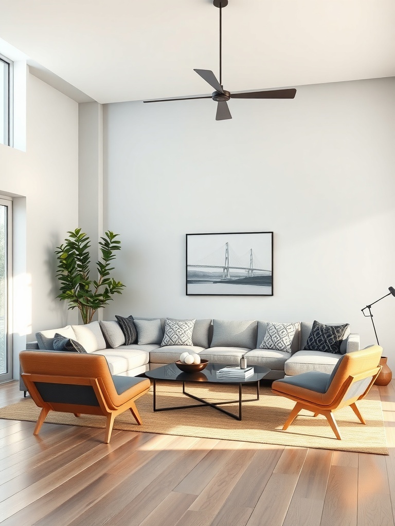 A modern living room featuring smart lighting with a cozy couch, stylish chairs, and a ceiling fan.
