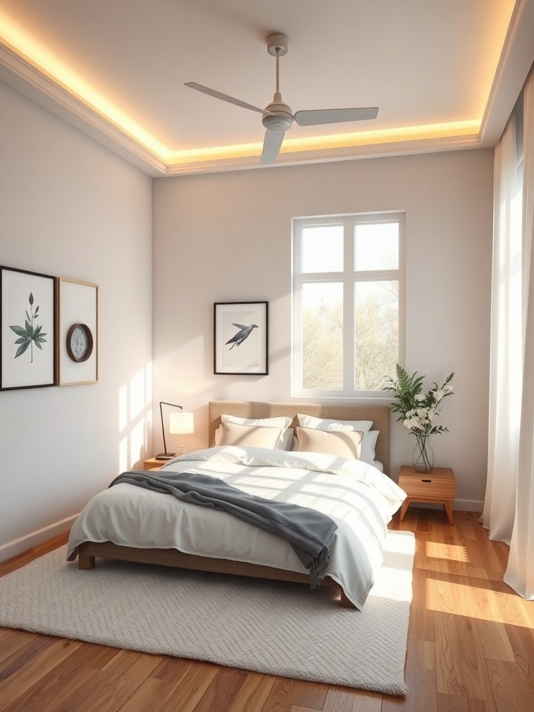 Cozy bedroom with smart lighting solutions, featuring a bed, bedside lamp, and warm ceiling lights.