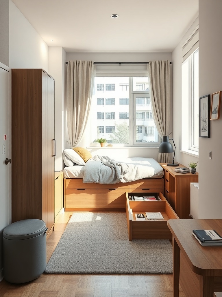 A cozy studio apartment with a bed that has storage drawers underneath, showcasing a clean and organized space.