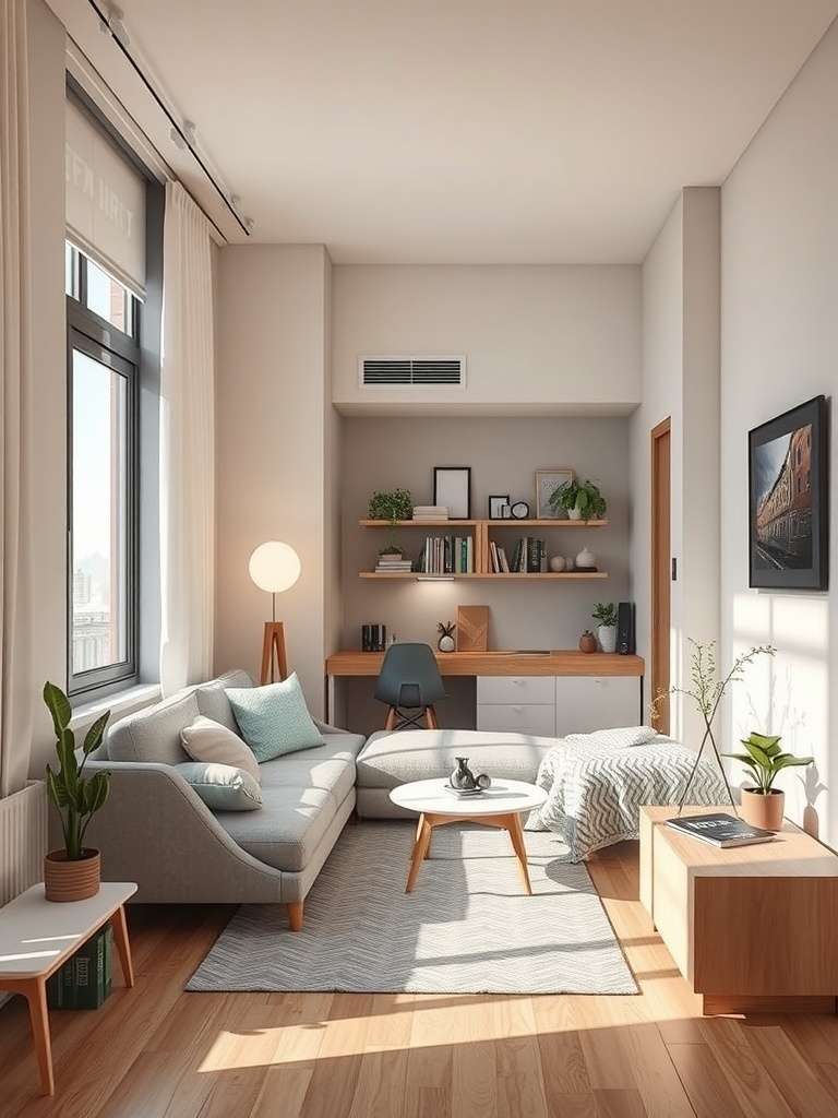 A cozy studio apartment with smart technology features like a sleek sofa, a small desk, and plants.