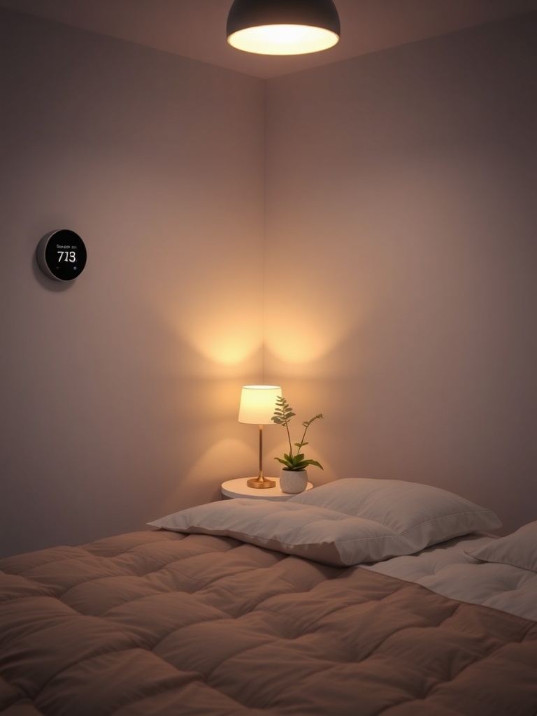 A small bedroom featuring a thermostat on the wall, a bedside lamp, and a plant on the table.