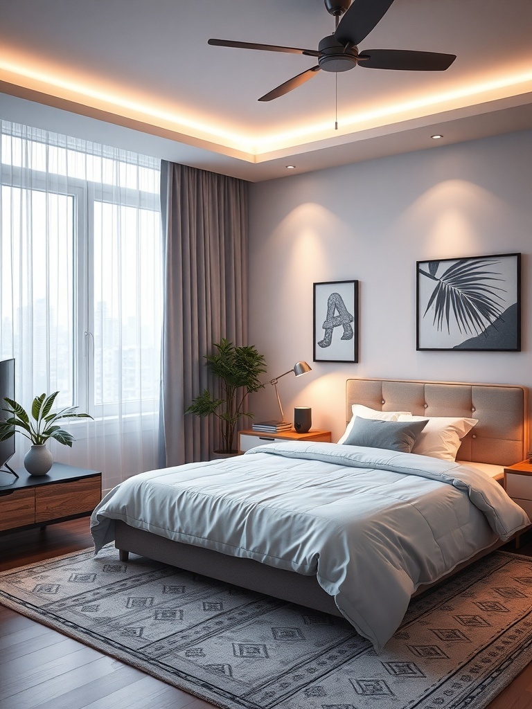 A modern bedroom featuring smart technology integration with soft lighting, a ceiling fan, and stylish decor.