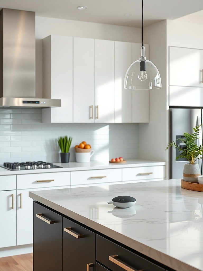 A modern kitchen featuring a smart speaker on the countertop, showcasing smart technology integration.