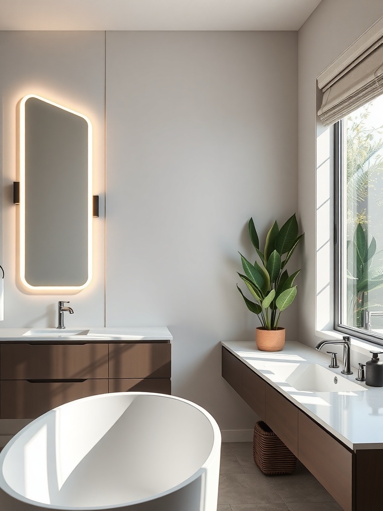 A modern bathroom featuring a stylish mirror with integrated lighting, a minimalist sink area, and a freestanding bathtub.