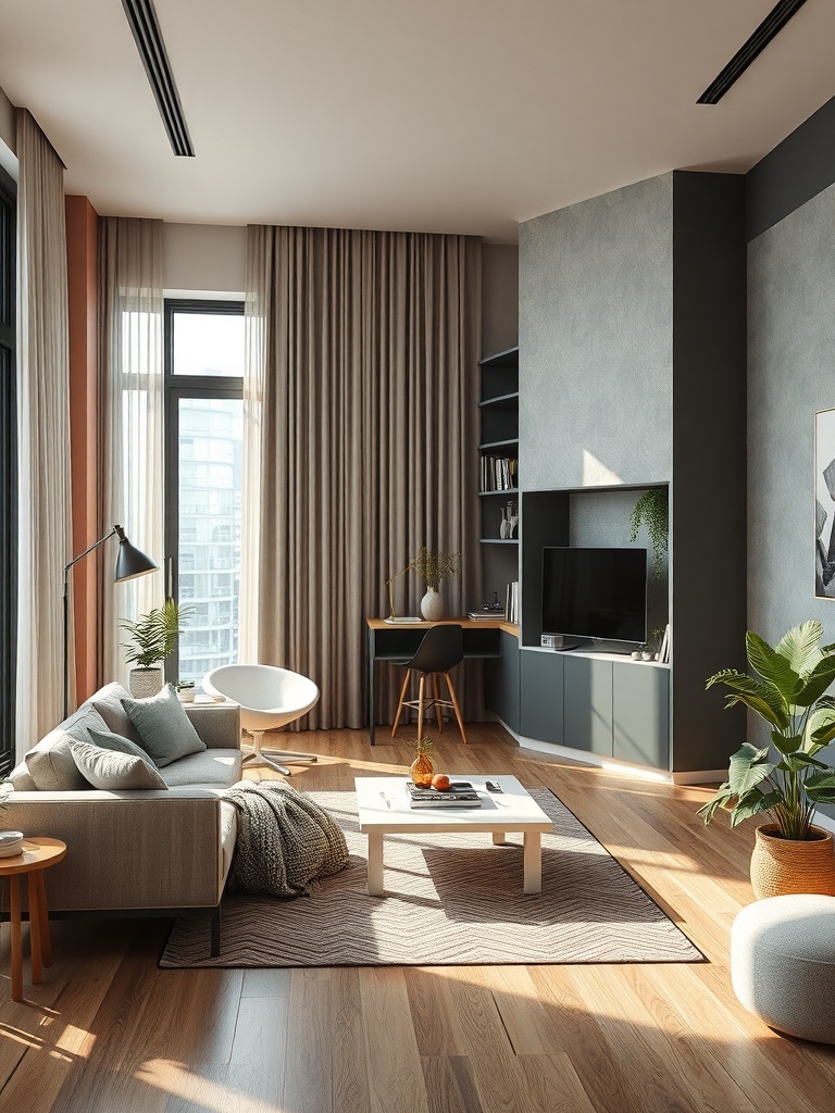 A modern condo living room featuring smart technology integration.