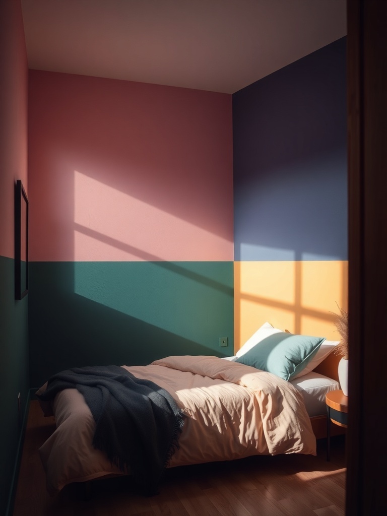 A small bedroom featuring color-blocked walls in shades of pink, green, and orange, with a bed and natural light streaming in.