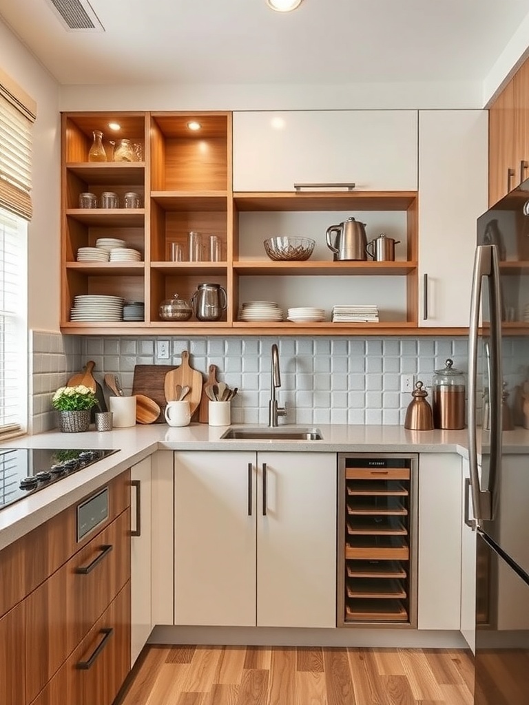 A modern kitchen featuring smart corner cabinets with open shelving and stylish decor.