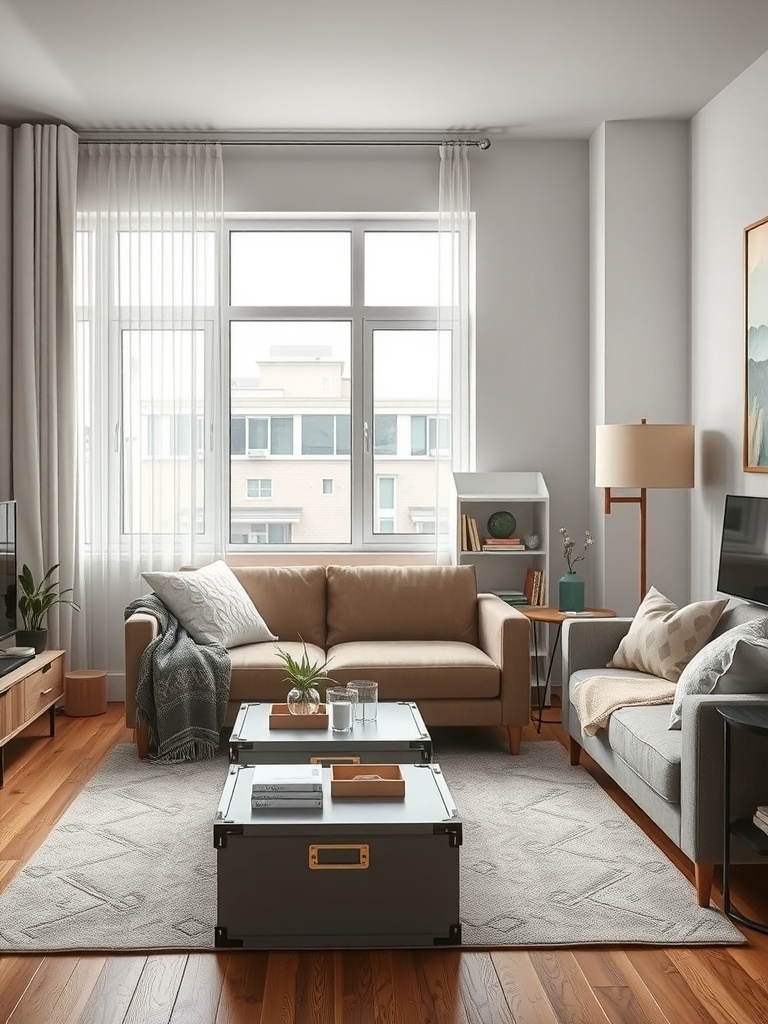 A cozy living room featuring a decorative box on a coffee table, showcasing smart space-saving ideas.