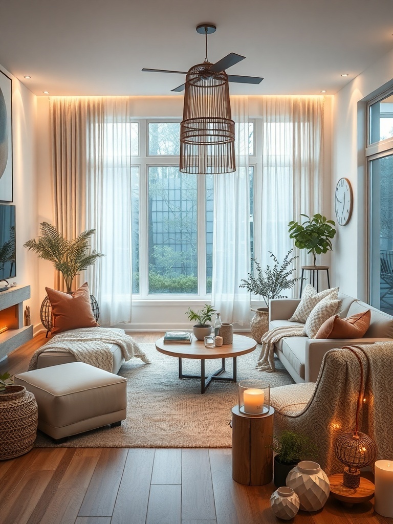 A cozy boho living room with soft lighting, plants, and warm textures.