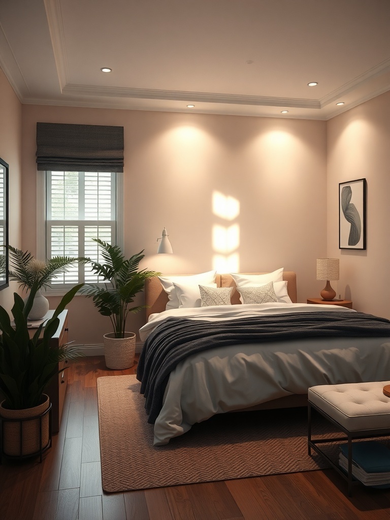 A cozy bedroom with soft ambient lighting, featuring a bed with neutral bedding, plants, and warm light.
