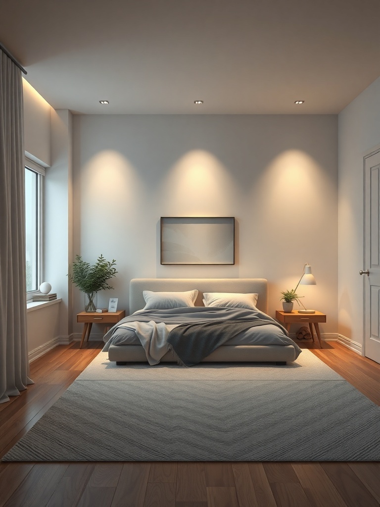 A minimalist bedroom with soft, ambient lighting highlighting the bed and walls.