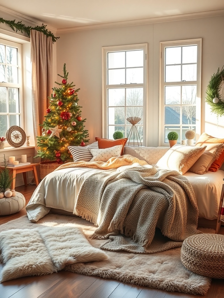 A cozy bedroom with soft textures, including a fluffy rug, warm throws, and plush pillows.