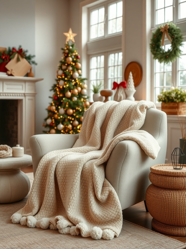 A cozy living room featuring a beige throw blanket on a chair, with a Christmas tree and warm decor.