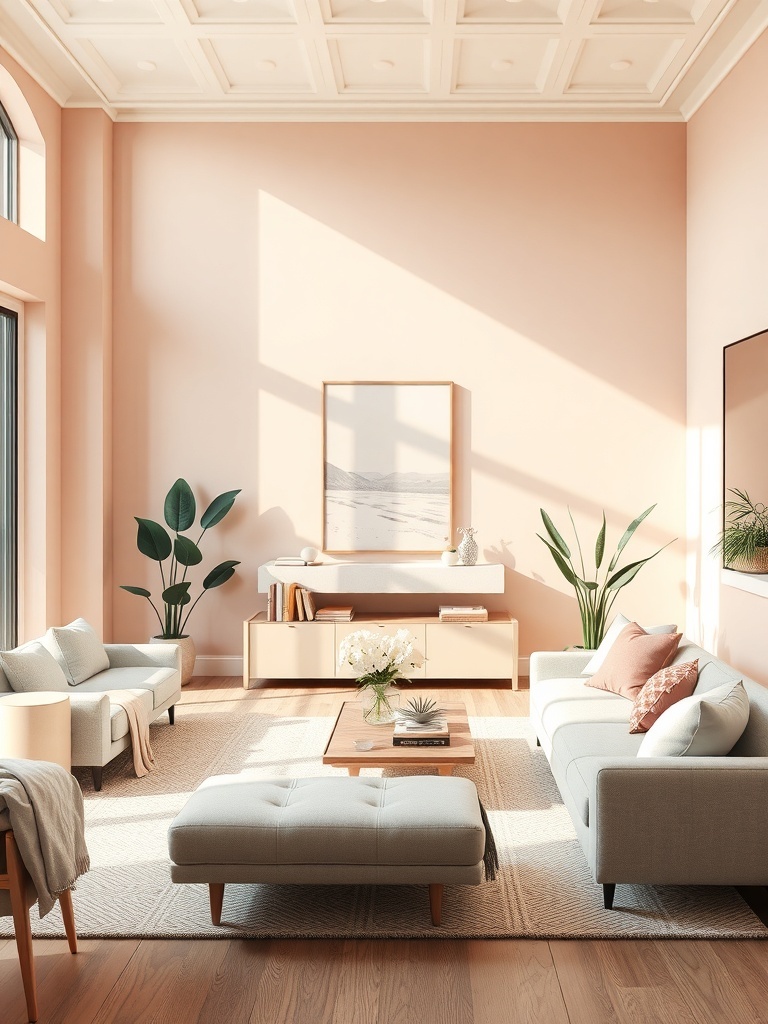 A bright living room with soft blush walls, light furniture, and plants, creating a warm and inviting atmosphere.