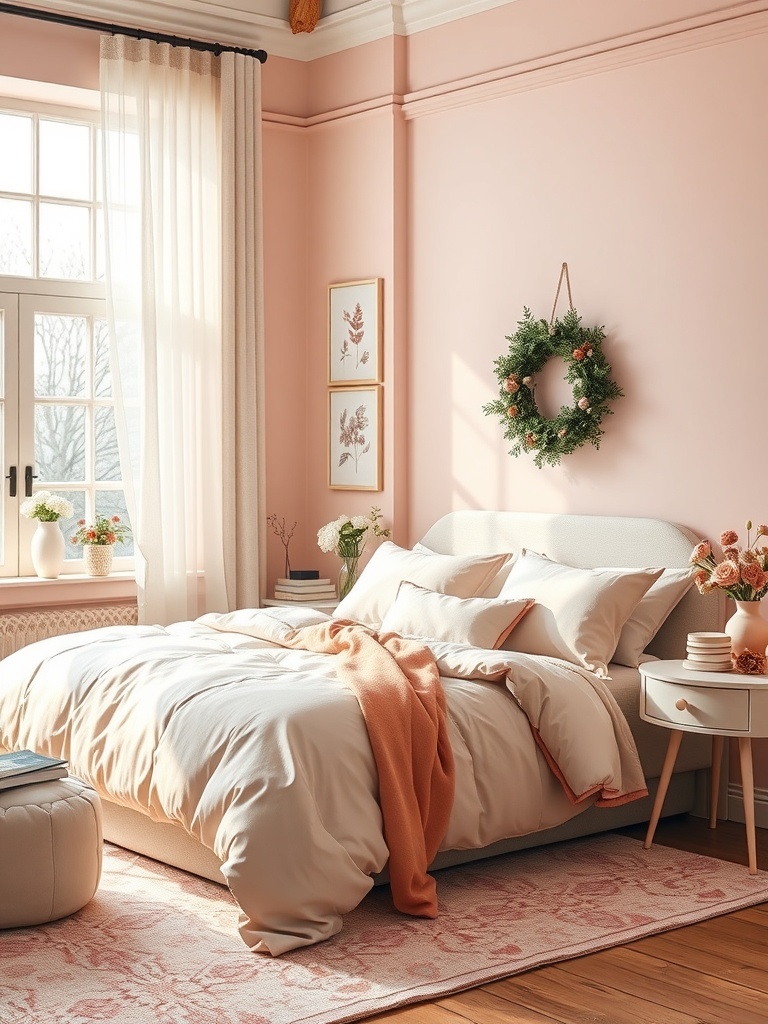 A cozy bedroom featuring soft blush pink walls, a light-colored bed with pillows, and a warm throw blanket.