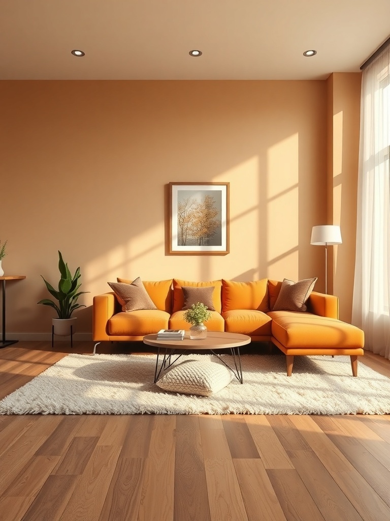 A cozy living room featuring soft caramel walls and an orange sofa, with natural light and a plant.