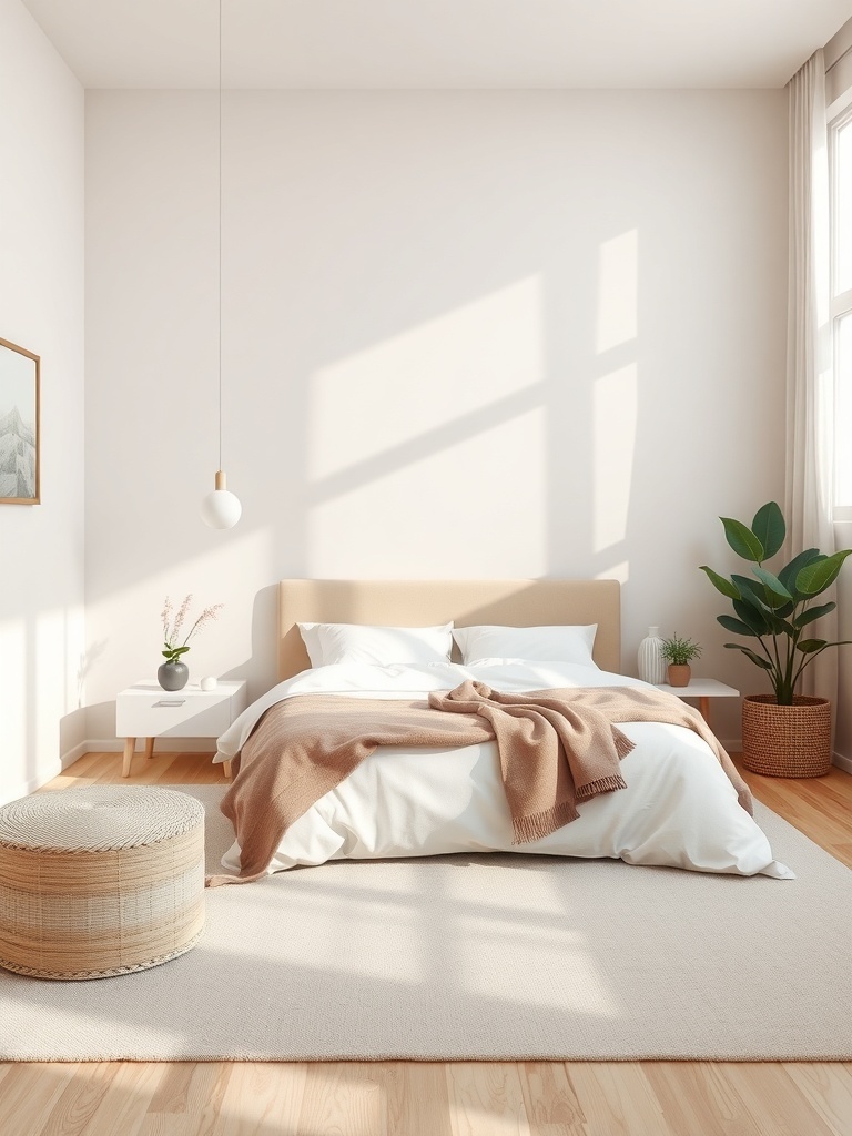 A serene bedroom with soft color palettes, featuring light walls, cozy bedding, and plants.