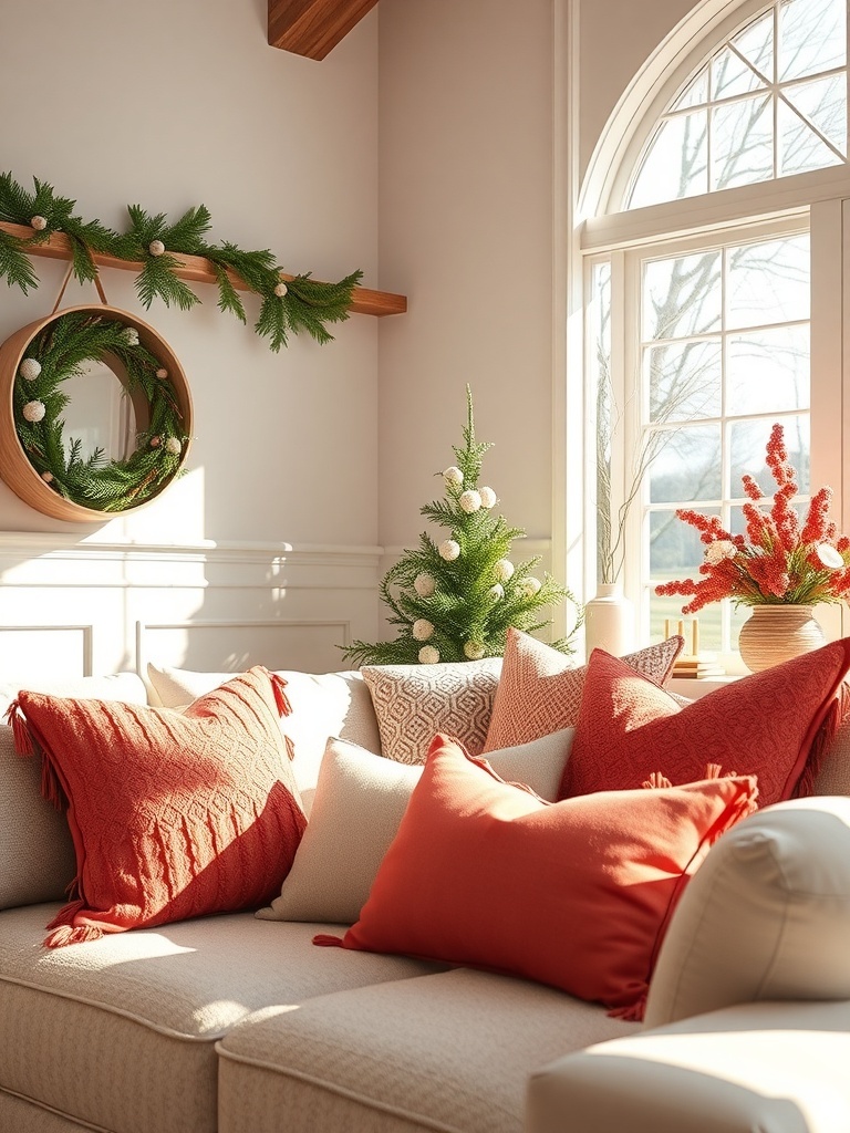 A cozy living room with coral accent pillows on a beige sofa, decorated with greenery and a mirror.