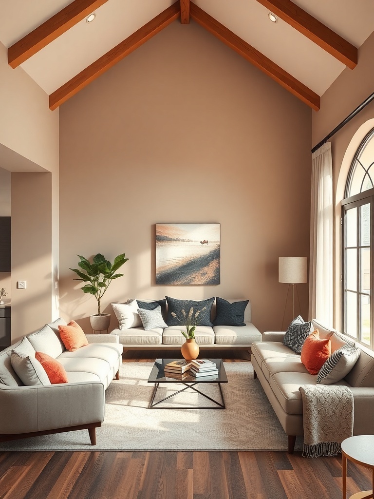 A cozy living room featuring soft coral accents on pillows, neutral sofas, and natural wood beams.