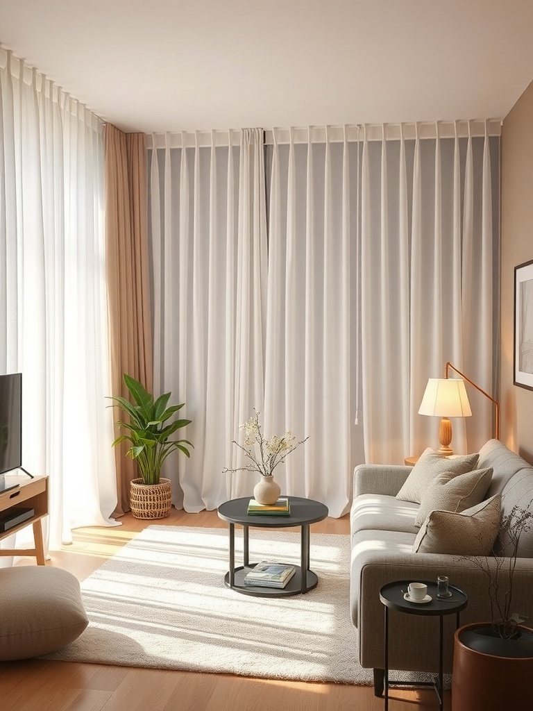 A cozy living room with soft curtains, a comfortable sofa, and a coffee table.