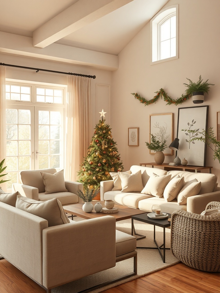 A cozy living room decorated with soft earthy tones, featuring a Christmas tree and natural elements.
