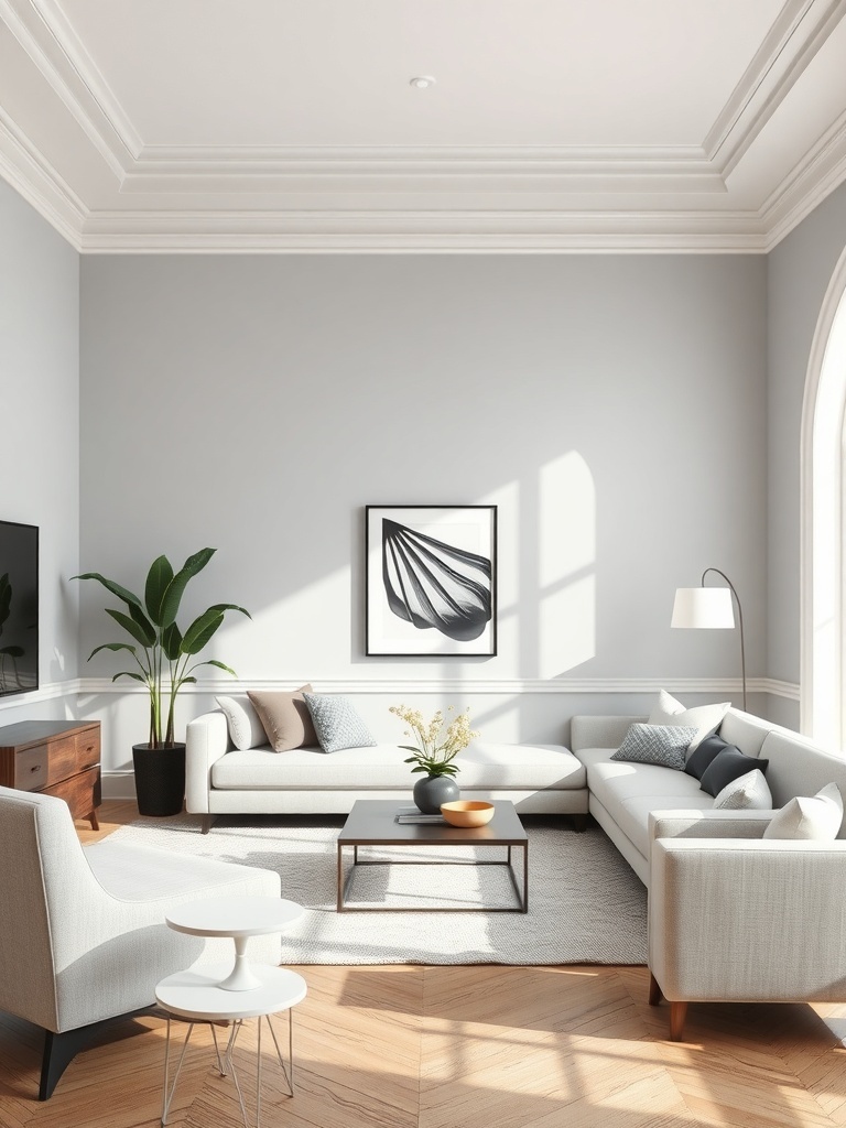 A modern living room with soft gray walls, white trim, and a cozy sectional sofa.