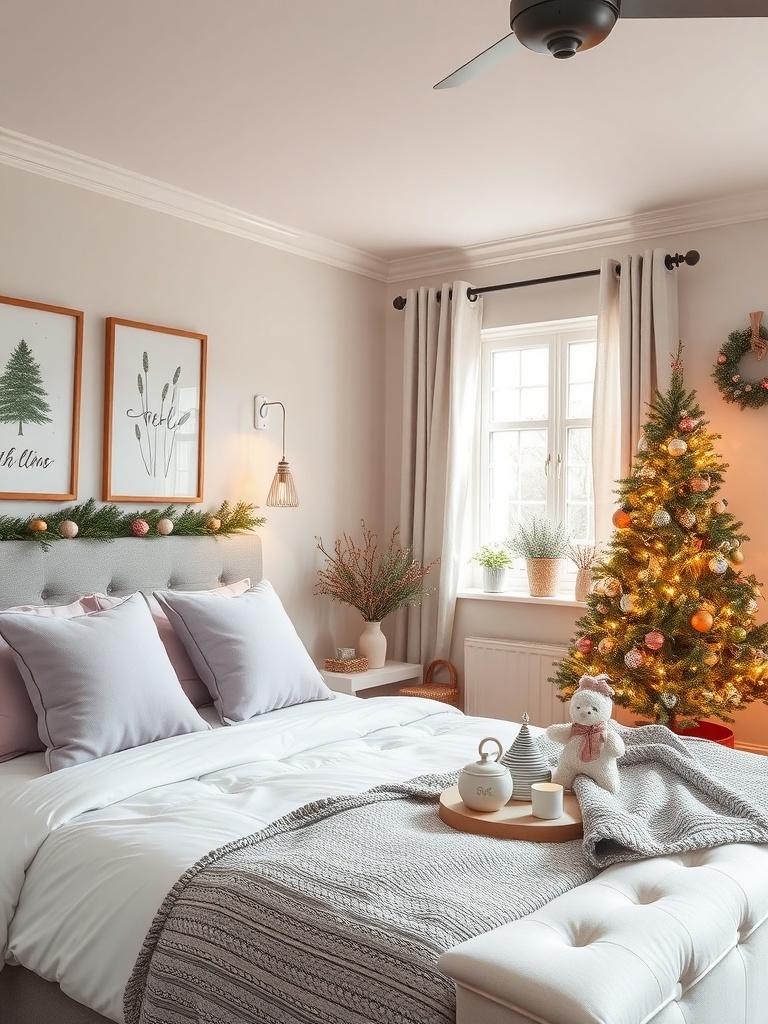 A cozy bedroom featuring soft lavender accents with pillows and decor.