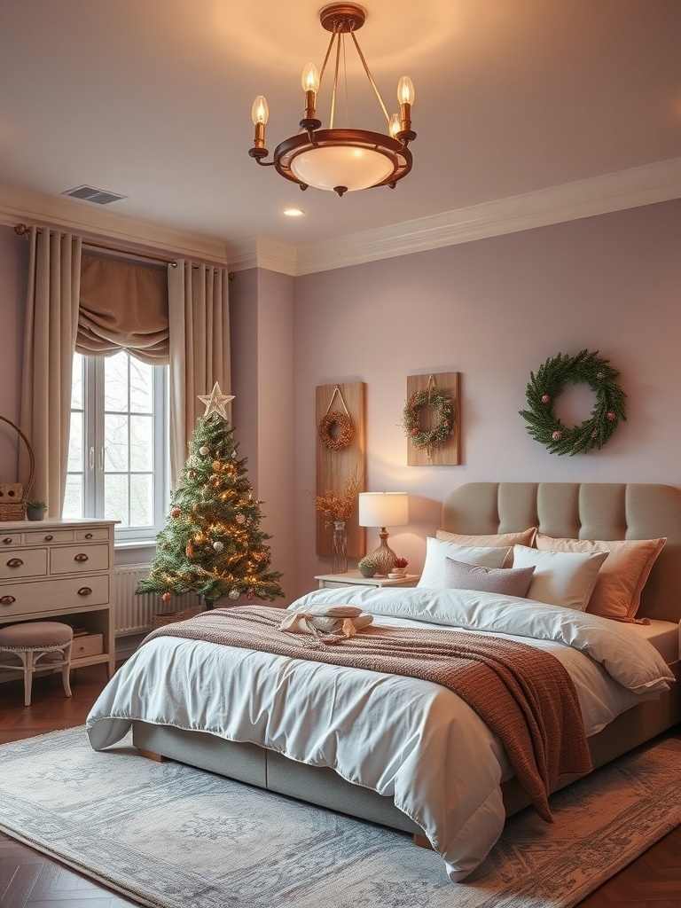A cozy bedroom featuring soft lavender walls, warm taupe bedding, and festive decorations.
