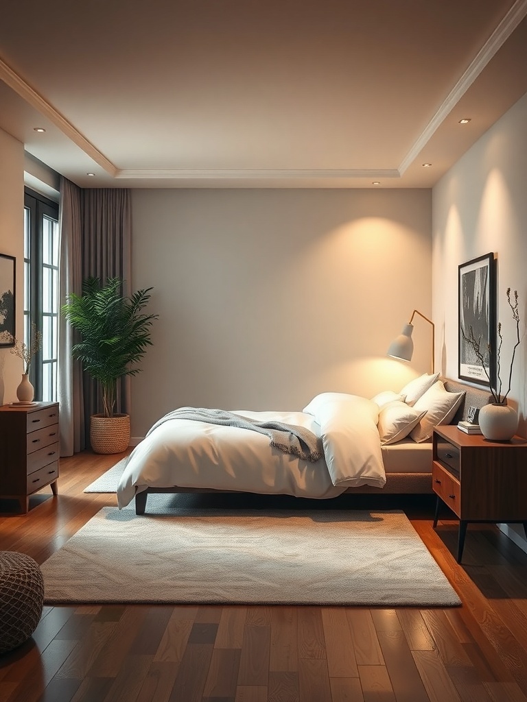 A modern bedroom with soft lighting, a neatly made bed, wooden furniture, and plants.