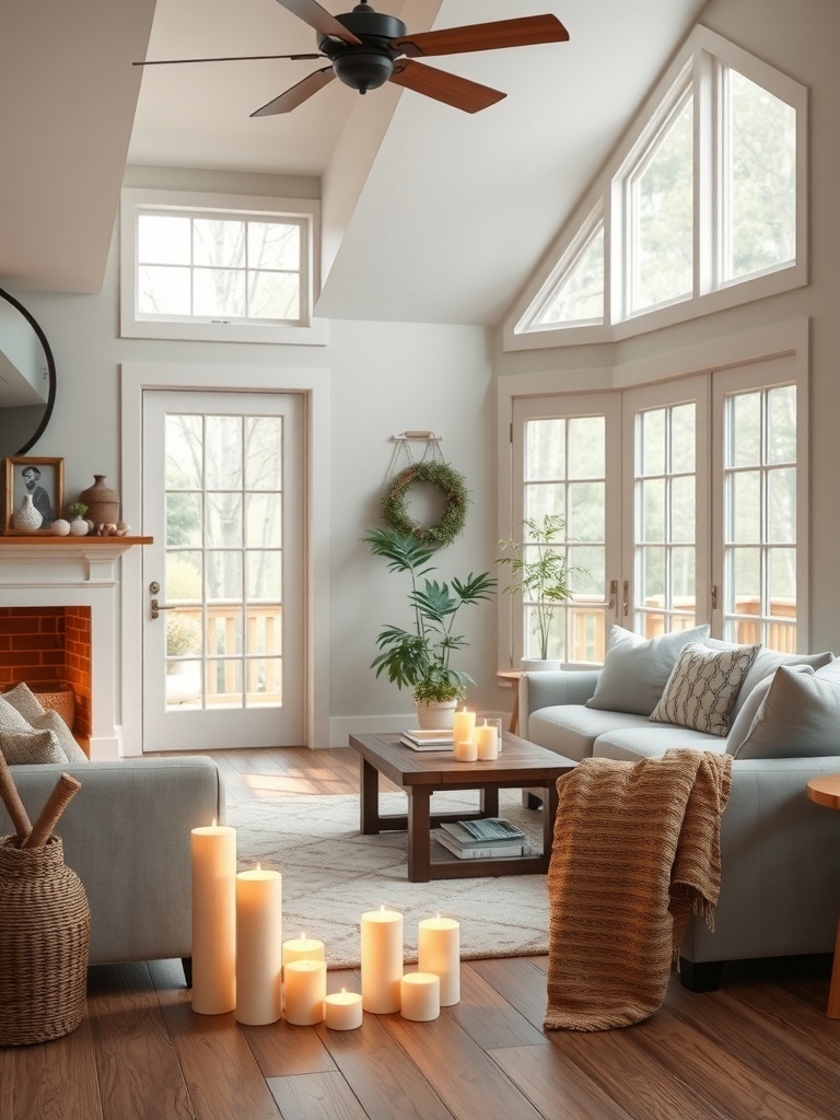 A cozy farmhouse living room featuring soft lighting from candles, a comfortable sofa, and large windows.