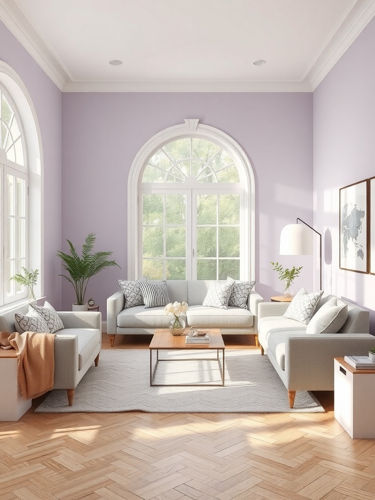 A soft lilac living room with gray sofas, a wooden coffee table, and large windows letting in natural light.