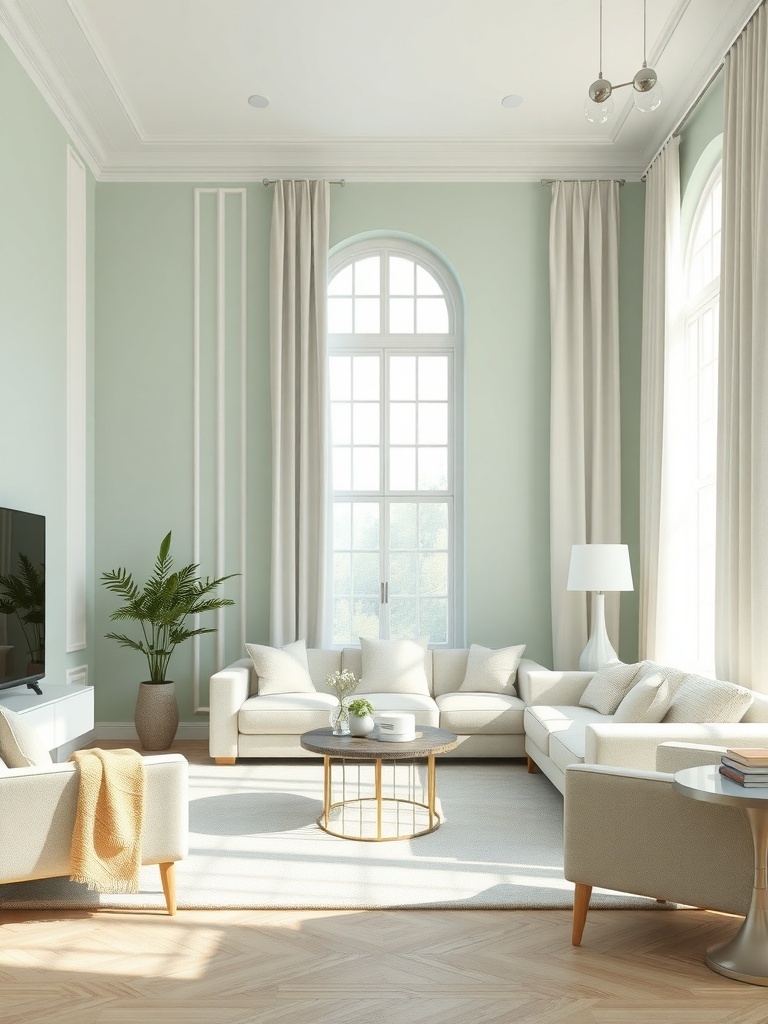 A soft mint green living room with large windows, light-colored furniture, and a potted plant.
