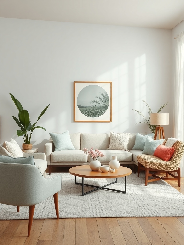 A cozy boho living room featuring soft pastel accents with a light blue chair, a beige sofa, and a wooden coffee table.