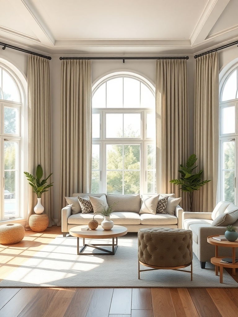 Living room with soft sage drapes, large windows, neutral furniture, and plants.