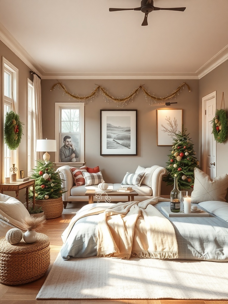 Cozy living room decorated with soft taupe walls and warm holiday decor.