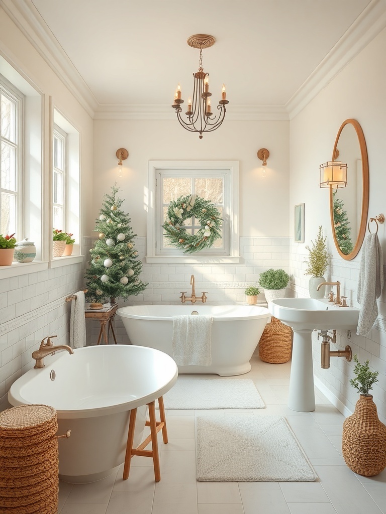 A serene bathroom featuring soft teal and creamy white colors, with a Christmas tree and plants.