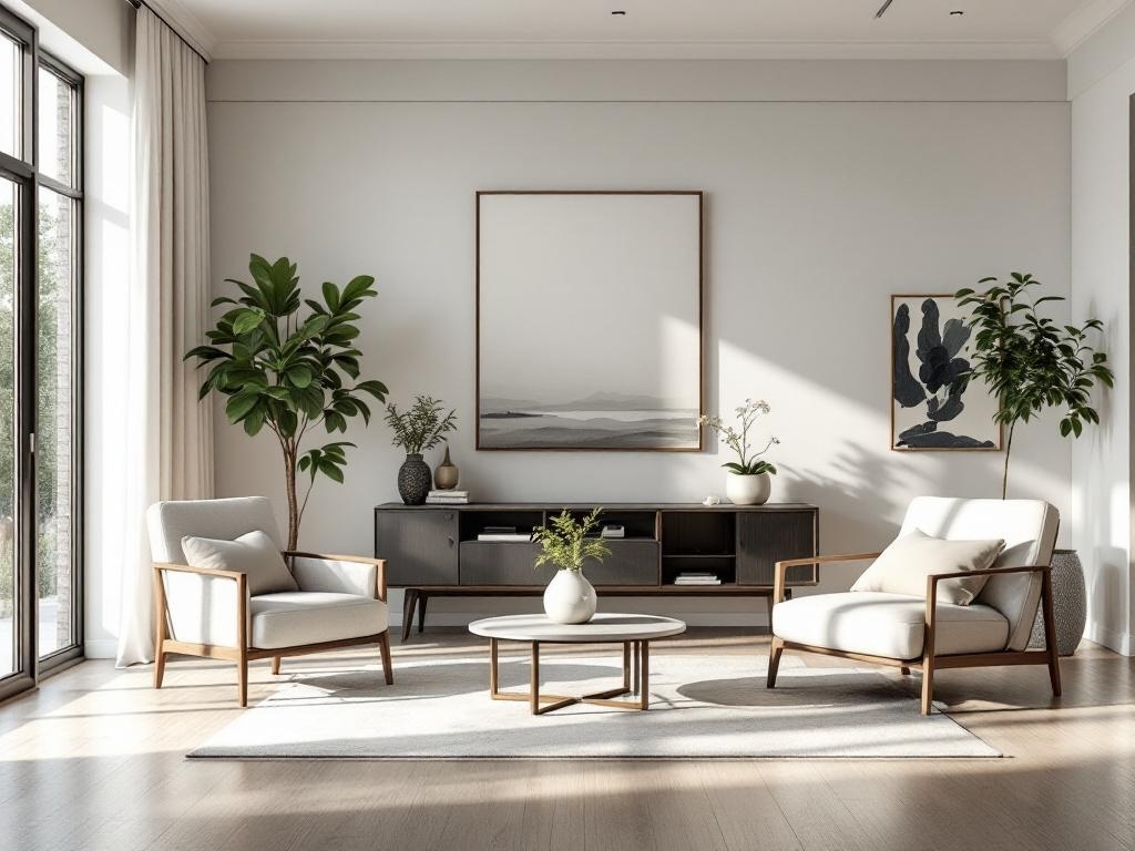 A modern living room with two armchairs, a coffee table, and plants, showcasing a bright and inviting atmosphere.