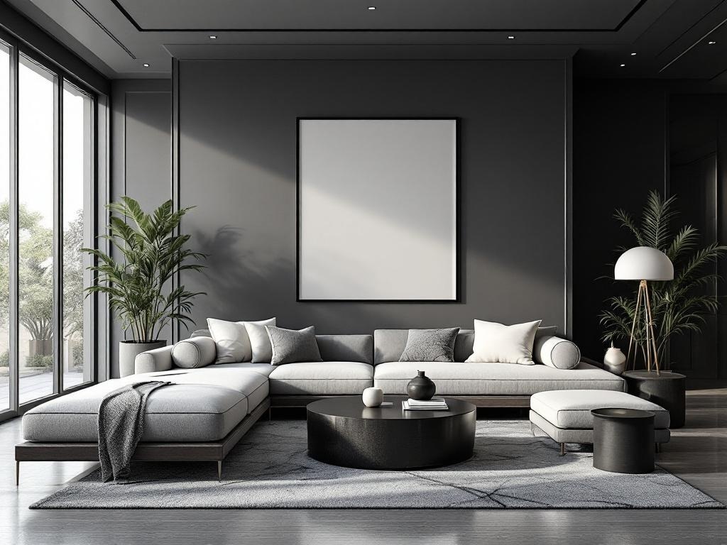 Modern living room with a monochrome palette featuring a gray sectional sofa, round coffee table, and large windows.