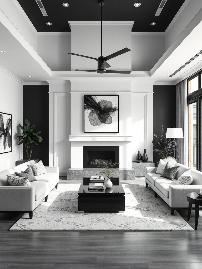 A sophisticated monochrome living room featuring black and white decor, high ceilings, and modern furnishings.