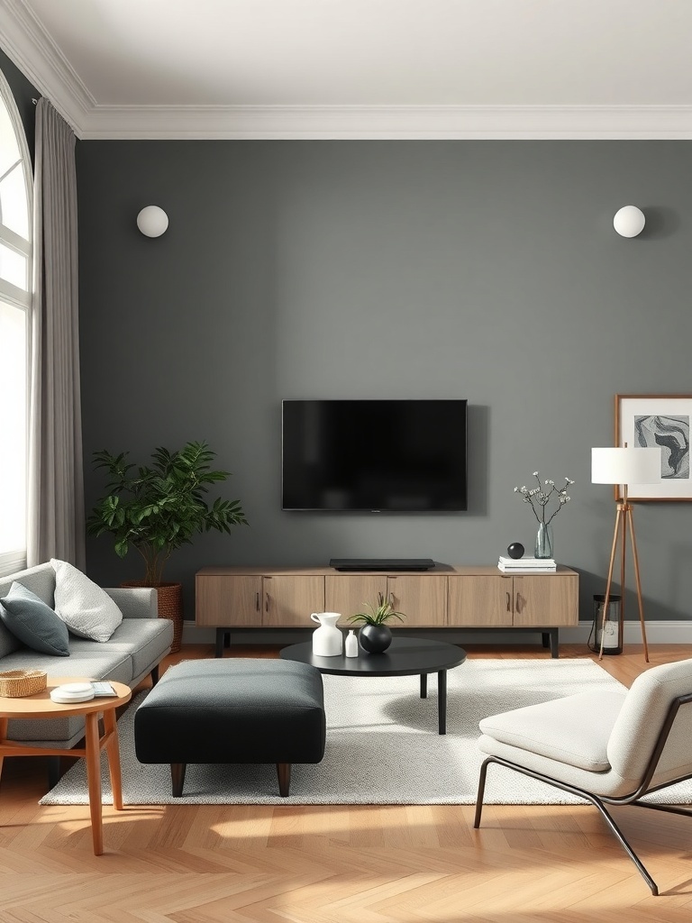 A stylish Scandinavian living room featuring gray walls, modern furniture, and natural elements.