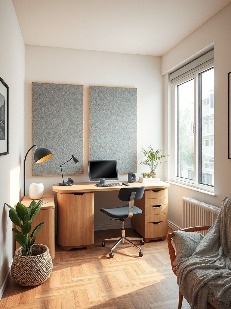 A small workspace with soundproof panels, a desk, a chair, and plants.