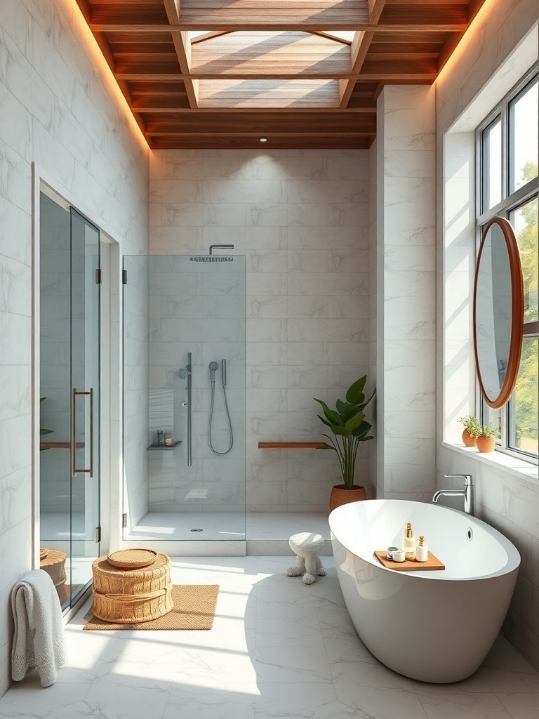 Modern bathroom with freestanding tub, glass shower, wooden ceiling, and natural light
