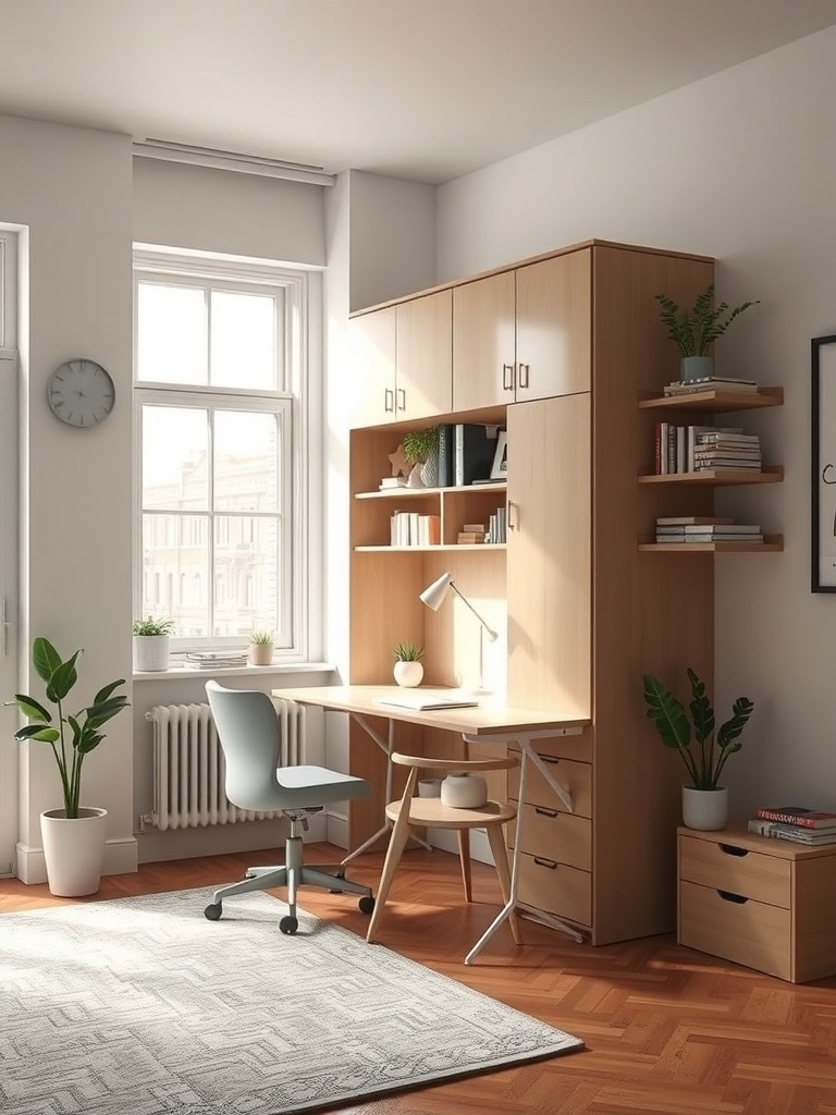 A stylish Murphy desk in a small apartment, showcasing a clean and organized workspace.