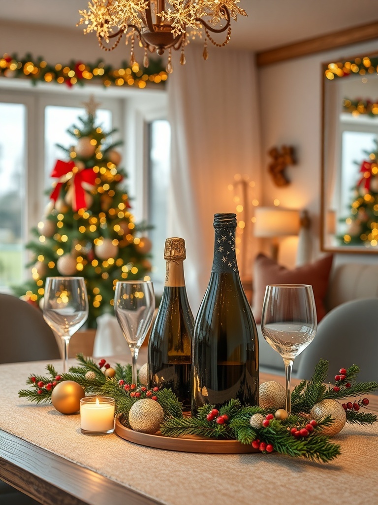 A festive table setting with sparkling wine bottles, glasses, and holiday decorations.
