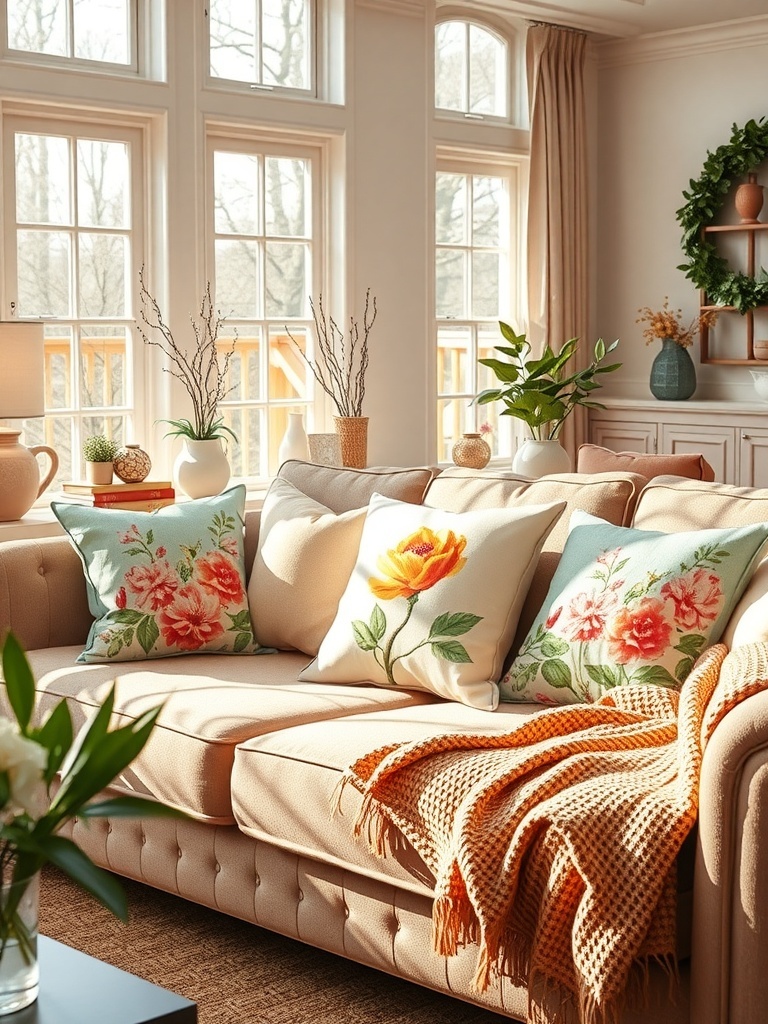 A cozy living room with spring-themed throw pillows featuring floral designs on a beige sofa.