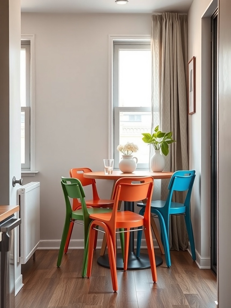 Colorful stackable dining chairs around a small round table in a cozy apartment setting.