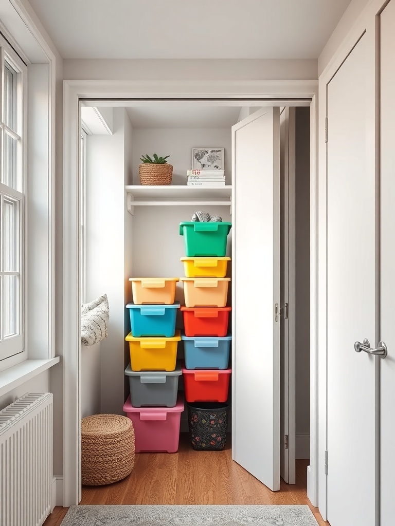 Colorful stackable storage bins in a closet